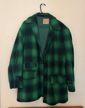 Vintage 50s 60s Timberline Phil Ross Wool Mackinaw Hunting Coat Green Plaid 44